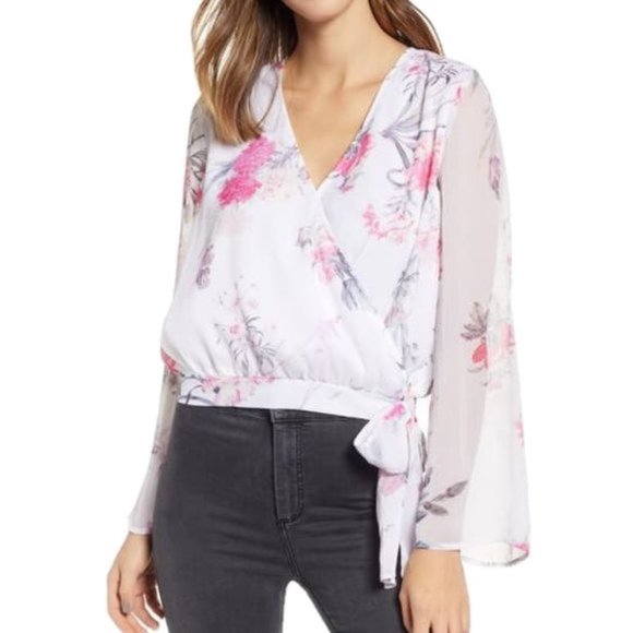 Leith Tops - Leith Floral Faux Wrap Top White M